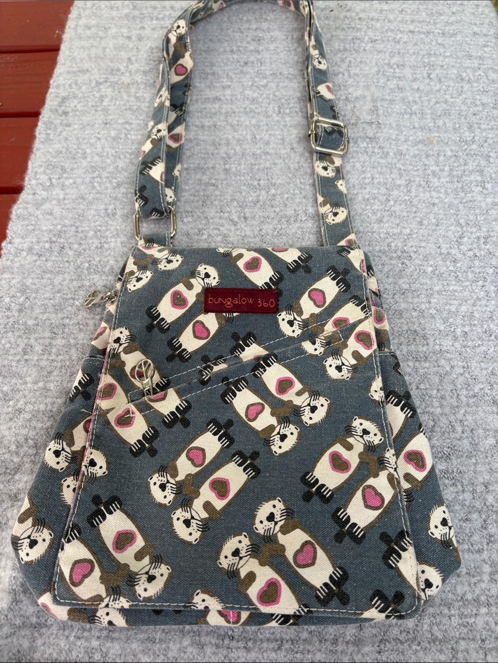 bungalow 360 Gray Blue Dog-Print Crossbody Bag with Pink Accents
